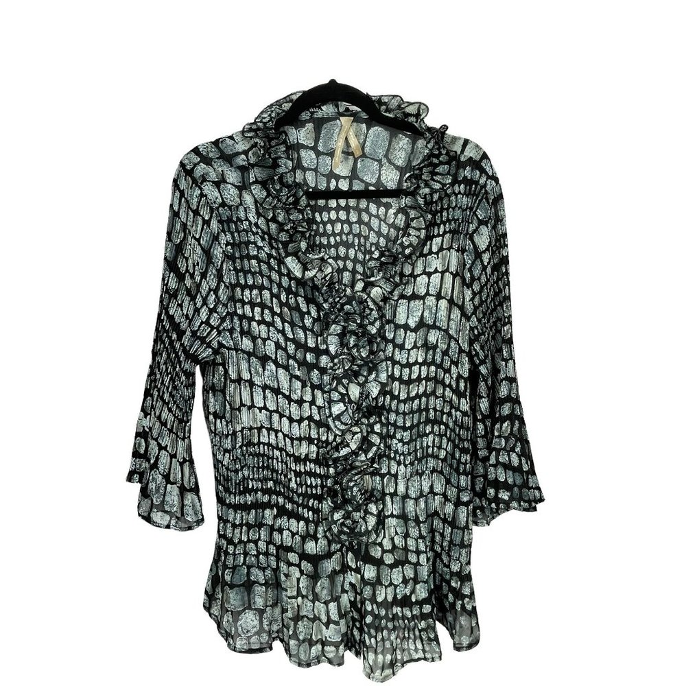 Parisian Belle Collection Avenue Black Gray Snake Print Ruffle Blouse Size 18/20
